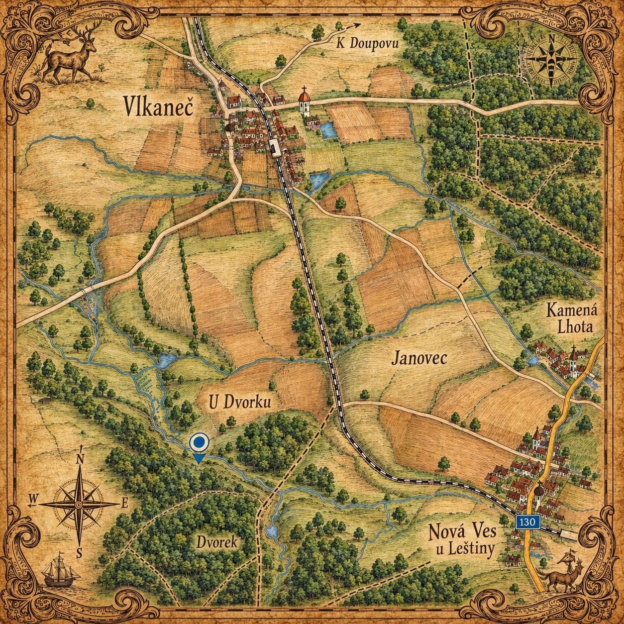 Kreslená mapa okolí Louky u Nové Vsi u Leštiny